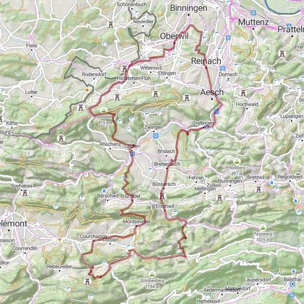 Miniatua del mapa de inspiración ciclista "Ruta de bicicleta de grava desde Binningen" en Nordwestschweiz, Switzerland. Generado por Tarmacs.app planificador de rutas ciclistas