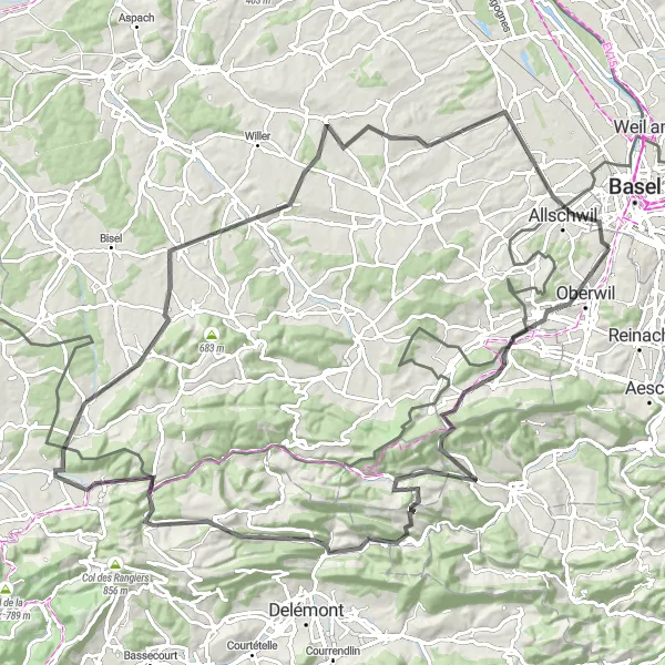 Mapa miniatúra "Veľkolepá vrcholová cyklotura Binningen" cyklistická inšpirácia v Nordwestschweiz, Switzerland. Vygenerované cyklistickým plánovačom trás Tarmacs.app