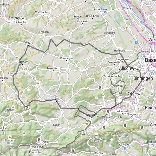 Map miniature of "The Waldpfad Binningen Adventure" cycling inspiration in Nordwestschweiz, Switzerland. Generated by Tarmacs.app cycling route planner