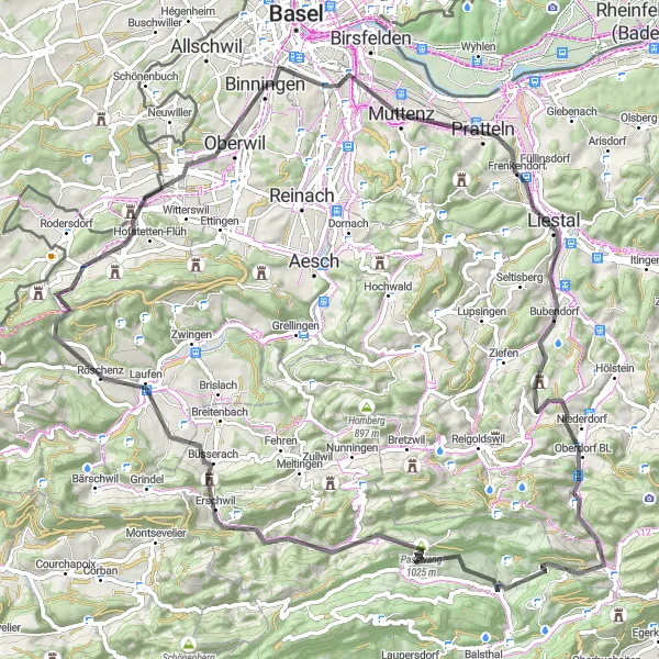 Miniatua del mapa de inspiración ciclista "Ruta Desafiante Liestal - Erlebnisturm Waldpfad Binningen" en Nordwestschweiz, Switzerland. Generado por Tarmacs.app planificador de rutas ciclistas