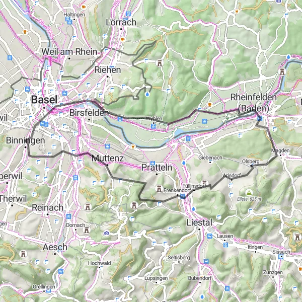 Map miniature of "The Basel and Pfalz Excursion" cycling inspiration in Nordwestschweiz, Switzerland. Generated by Tarmacs.app cycling route planner