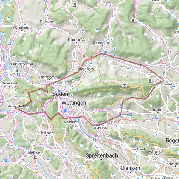 Karttaminiaatyyri "Gravel-seikkailu Stutzista Dättwiliin" pyöräilyinspiraatiosta alueella Nordwestschweiz, Switzerland. Luotu Tarmacs.app pyöräilyreittisuunnittelijalla