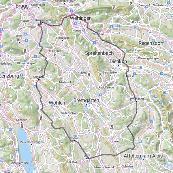 Miniatua del mapa de inspiración ciclista "Ruta de ciclismo en carretera a través de Wettingen y Muri" en Nordwestschweiz, Switzerland. Generado por Tarmacs.app planificador de rutas ciclistas