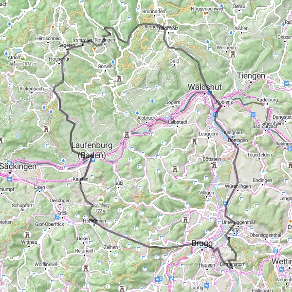 Miniatura della mappa di ispirazione al ciclismo "Tour in Bicicletta da Birmenstorf a Klingnau" nella regione di Nordwestschweiz, Switzerland. Generata da Tarmacs.app, pianificatore di rotte ciclistiche