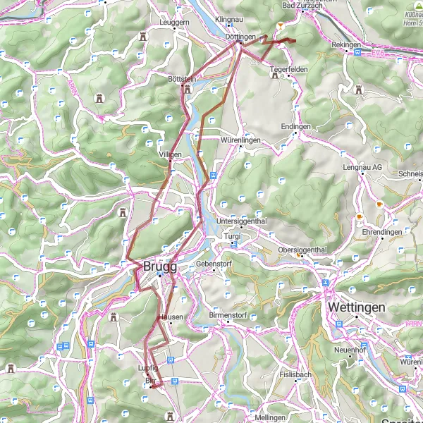 Miniaturní mapa "Gravel Route through Villigen" inspirace pro cyklisty v oblasti Nordwestschweiz, Switzerland. Vytvořeno pomocí plánovače tras Tarmacs.app