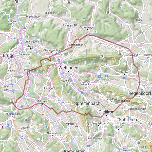 Miniaturekort af cykelinspirationen "Scenic Gravel Route rundt om Birr" i Nordwestschweiz, Switzerland. Genereret af Tarmacs.app cykelruteplanlægger