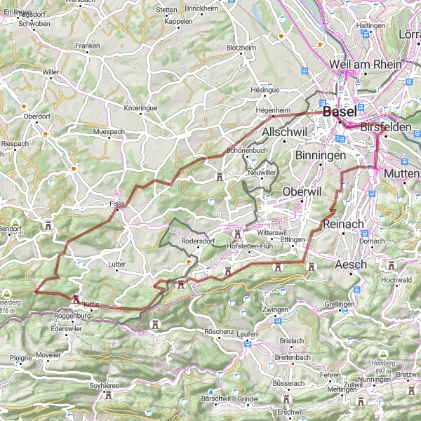 Miniatuurkaart van de fietsinspiratie "Uitdagende gravelroute van Birsfelden naar Baslerholz" in Nordwestschweiz, Switzerland. Gemaakt door de Tarmacs.app fietsrouteplanner