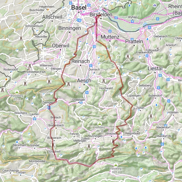 Map miniature of "Jura Highlands Gravel Challenge" cycling inspiration in Nordwestschweiz, Switzerland. Generated by Tarmacs.app cycling route planner
