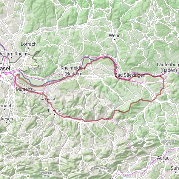 Map miniature of "Rheinfelden Gravel Loop" cycling inspiration in Nordwestschweiz, Switzerland. Generated by Tarmacs.app cycling route planner