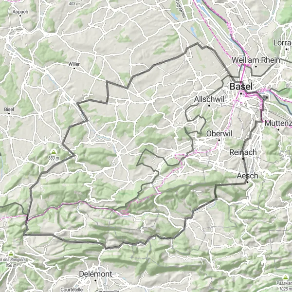 Zemljevid v pomanjšavi "Razgibana kolesarska pot Reinach-Eggflue-Liesberg-Löffelberg-L'Ordon-Bourrignon-Rossberg-Durmenach-Basel-Pfalz" kolesarske inspiracije v Nordwestschweiz, Switzerland. Generirano z načrtovalcem kolesarskih poti Tarmacs.app