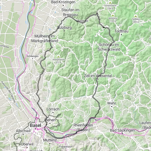 Mapa miniatúra "Cesta cez Schwarzwald" cyklistická inšpirácia v Nordwestschweiz, Switzerland. Vygenerované cyklistickým plánovačom trás Tarmacs.app