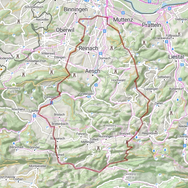 Kartminiatyr av "Bottmingen til Laufen Grus Sykkelrute" sykkelinspirasjon i Nordwestschweiz, Switzerland. Generert av Tarmacs.app sykkelrutoplanlegger
