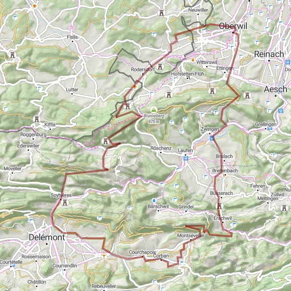 Mapa miniatúra "Gravel od Bottmingen s výletom do Courchapoix" cyklistická inšpirácia v Nordwestschweiz, Switzerland. Vygenerované cyklistickým plánovačom trás Tarmacs.app
