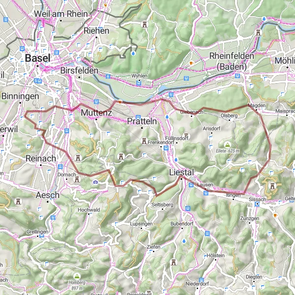 Map miniature of "Jura Gravel Roaming" cycling inspiration in Nordwestschweiz, Switzerland. Generated by Tarmacs.app cycling route planner