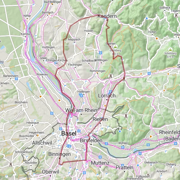 Zemljevid v pomanjšavi "Pozdrav sosedu - kolesarska pot med svetovi" kolesarske inspiracije v Nordwestschweiz, Switzerland. Generirano z načrtovalcem kolesarskih poti Tarmacs.app