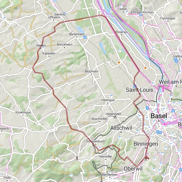 Zemljevid v pomanjšavi "Peščena kolesarska pot skozi Allschwil in Binningen" kolesarske inspiracije v Nordwestschweiz, Switzerland. Generirano z načrtovalcem kolesarskih poti Tarmacs.app