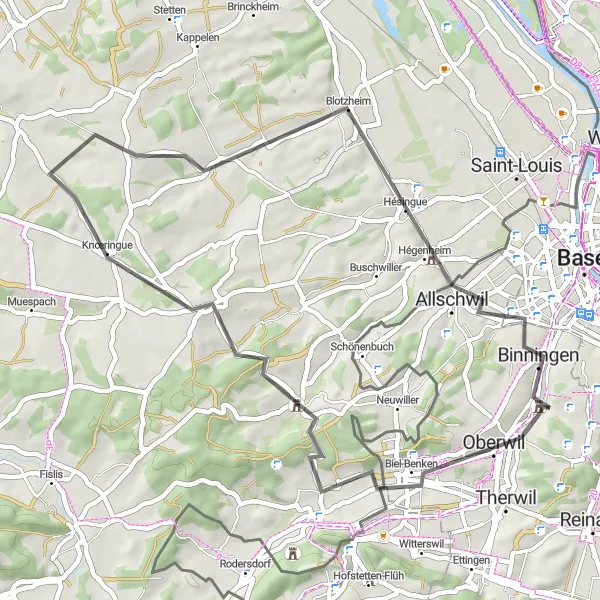 Kartminiatyr av "Bottmingen till Binningen via Hagenthal-le-Bas, Knœringue och Hégenheim" cykelinspiration i Nordwestschweiz, Switzerland. Genererad av Tarmacs.app cykelruttplanerare