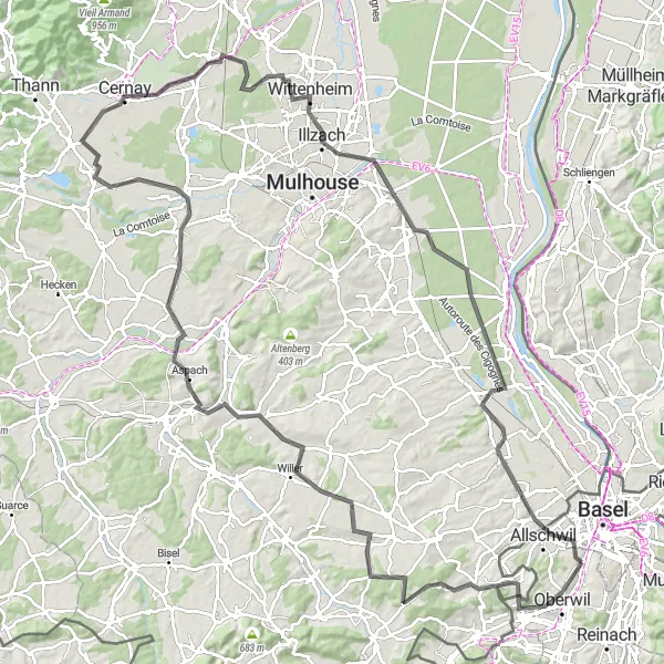 Mapa miniatúra "Road Trip Across Nordwestschweiz" cyklistická inšpirácia v Nordwestschweiz, Switzerland. Vygenerované cyklistickým plánovačom trás Tarmacs.app