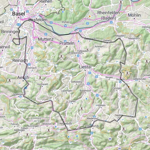 Zemljevid v pomanjšavi "Krožna cestna pot skozi Pfalz in Reigoldswil" kolesarske inspiracije v Nordwestschweiz, Switzerland. Generirano z načrtovalcem kolesarskih poti Tarmacs.app