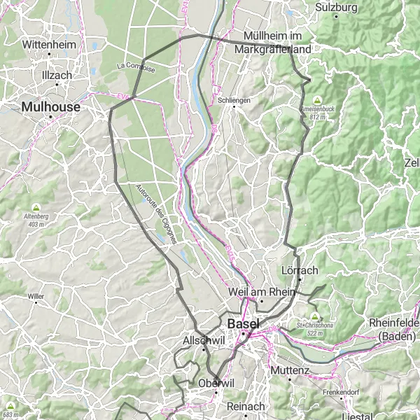 Karten-Miniaturansicht der Radinspiration "Road-Tour zum Wasserturm Allschwil" in Nordwestschweiz, Switzerland. Erstellt vom Tarmacs.app-Routenplaner für Radtouren
