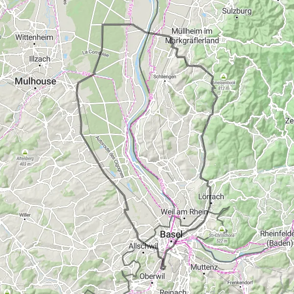 Map miniature of "96 km road cycling route in Nordwestschweiz" cycling inspiration in Nordwestschweiz, Switzerland. Generated by Tarmacs.app cycling route planner