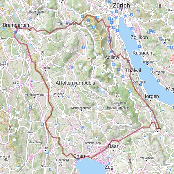 Map miniature of "Zufikon Gravel Adventure" cycling inspiration in Nordwestschweiz, Switzerland. Generated by Tarmacs.app cycling route planner