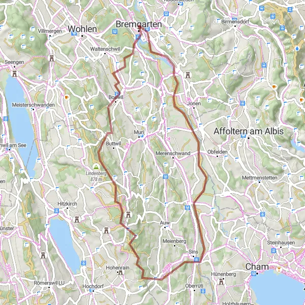 Miniatua del mapa de inspiración ciclista "Ruta por caminos de grava desde Bremgarten" en Nordwestschweiz, Switzerland. Generado por Tarmacs.app planificador de rutas ciclistas