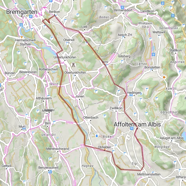 Map miniature of "Arni Gravel Ride" cycling inspiration in Nordwestschweiz, Switzerland. Generated by Tarmacs.app cycling route planner