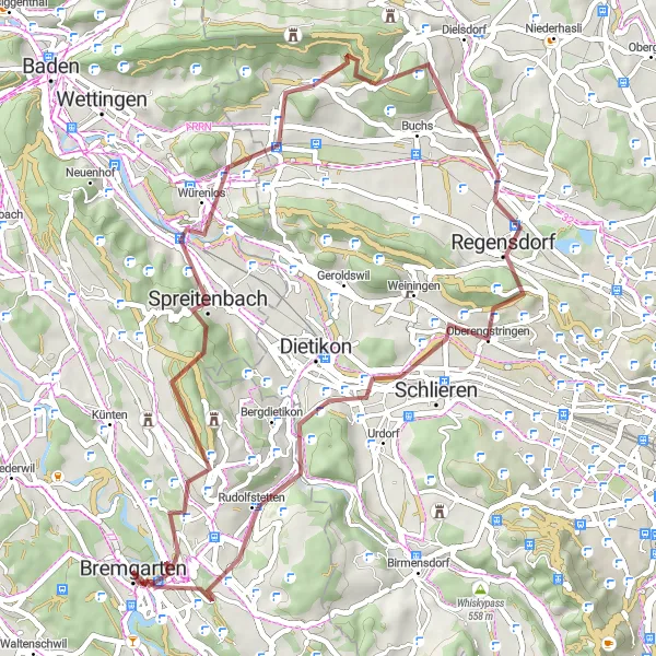 Kartminiatyr av "Oppdagende Heitersberg Sti" sykkelinspirasjon i Nordwestschweiz, Switzerland. Generert av Tarmacs.app sykkelrutoplanlegger