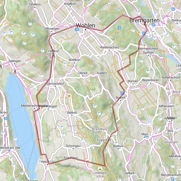 Miniatua del mapa de inspiración ciclista "Breve aventura en bicicleta de grava cerca de Bremgarten" en Nordwestschweiz, Switzerland. Generado por Tarmacs.app planificador de rutas ciclistas