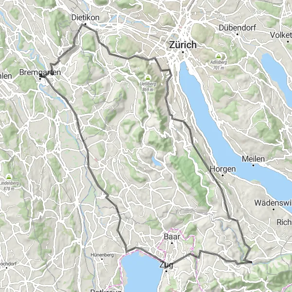 Miniaturekort af cykelinspirationen "Mutschellenpass og Zug Rundtur" i Nordwestschweiz, Switzerland. Genereret af Tarmacs.app cykelruteplanlægger