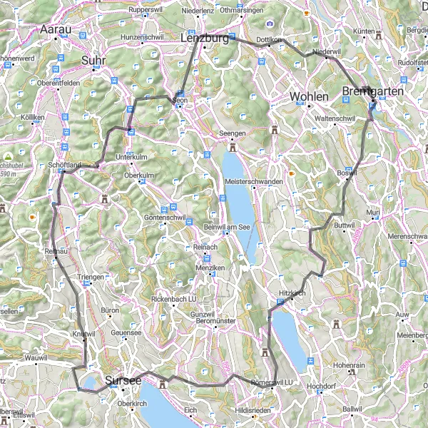 Miniatura della mappa di ispirazione al ciclismo "Giro Stradale attraverso Sursee e Dreihägen" nella regione di Nordwestschweiz, Switzerland. Generata da Tarmacs.app, pianificatore di rotte ciclistiche