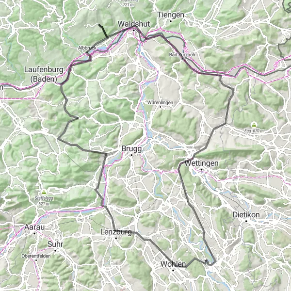Miniatua del mapa de inspiración ciclista "Gran ruta de ciclismo en carretera con desafíos y belleza cerca de Bremgarten" en Nordwestschweiz, Switzerland. Generado por Tarmacs.app planificador de rutas ciclistas