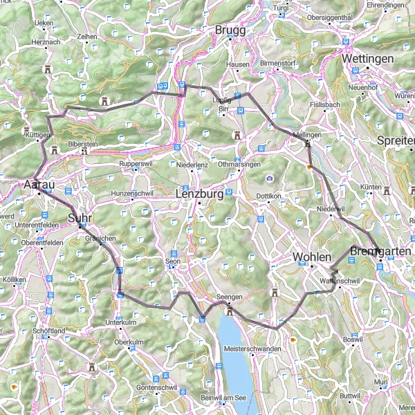 Miniatura della mappa di ispirazione al ciclismo "Percorso ciclistico attraverso Aarau e Mellingen" nella regione di Nordwestschweiz, Switzerland. Generata da Tarmacs.app, pianificatore di rotte ciclistiche
