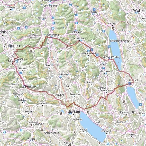 Miniatura della mappa di ispirazione al ciclismo "Avventura in bicicletta tra Bottenwil e Hitzkirch" nella regione di Nordwestschweiz, Switzerland. Generata da Tarmacs.app, pianificatore di rotte ciclistiche