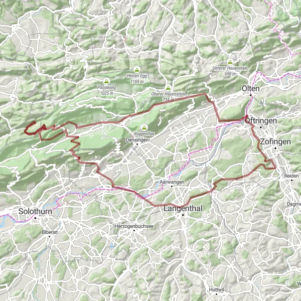 Zemljevid v pomanjšavi "Gravel avantura Langenthal - Strengelbach" kolesarske inspiracije v Nordwestschweiz, Switzerland. Generirano z načrtovalcem kolesarskih poti Tarmacs.app