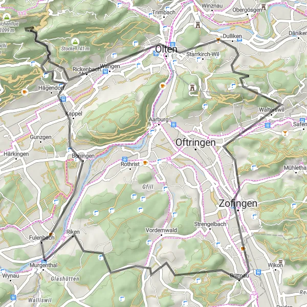 Miniatua del mapa de inspiración ciclista "Ruta desafiante de carretera a través de Fulenbach y Dulliken" en Nordwestschweiz, Switzerland. Generado por Tarmacs.app planificador de rutas ciclistas