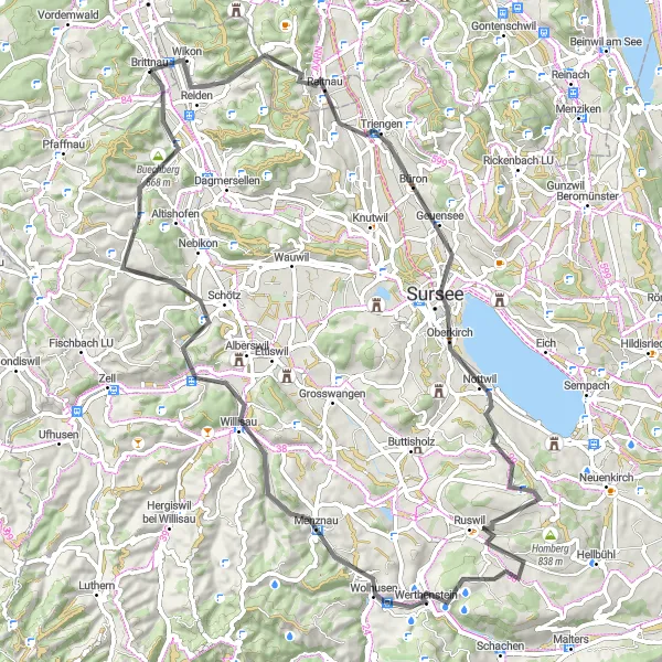 Miniature de la carte de l'inspiration cycliste "Boucle vallonnée autour de Brittnau" dans la Nordwestschweiz, Switzerland. Générée par le planificateur d'itinéraire cycliste Tarmacs.app