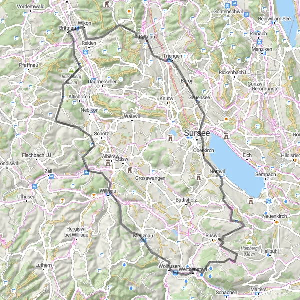 Map miniature of "Reitnau Road Adventure" cycling inspiration in Nordwestschweiz, Switzerland. Generated by Tarmacs.app cycling route planner