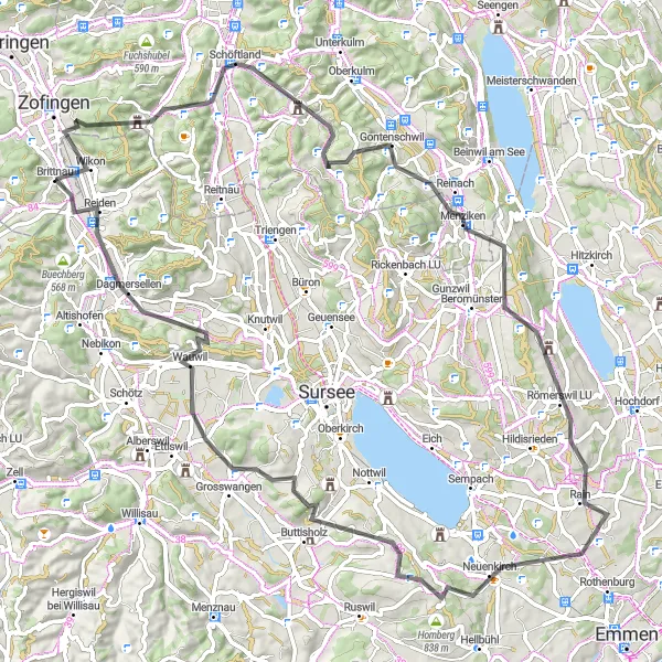 Map miniature of "Brittnau Circular Road Route" cycling inspiration in Nordwestschweiz, Switzerland. Generated by Tarmacs.app cycling route planner