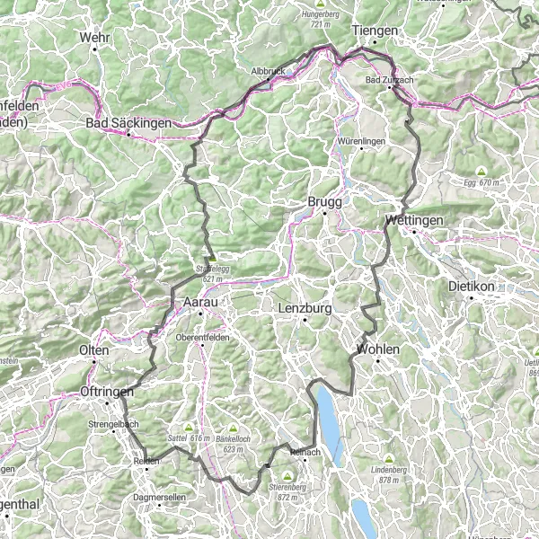 Miniaturekort af cykelinspirationen "Udforskning af Zofingen og Baden" i Nordwestschweiz, Switzerland. Genereret af Tarmacs.app cykelruteplanlægger