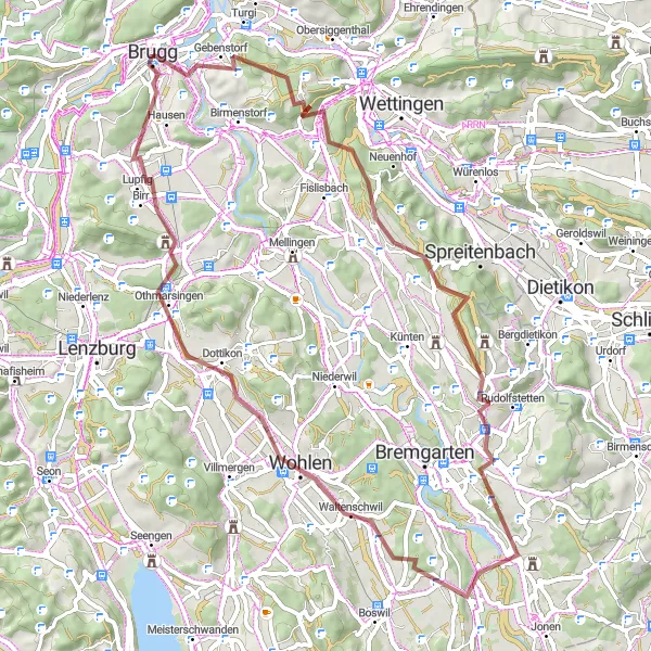 Miniatura della mappa di ispirazione al ciclismo "Avventura Gravel tra Castelli e Paesaggi" nella regione di Nordwestschweiz, Switzerland. Generata da Tarmacs.app, pianificatore di rotte ciclistiche