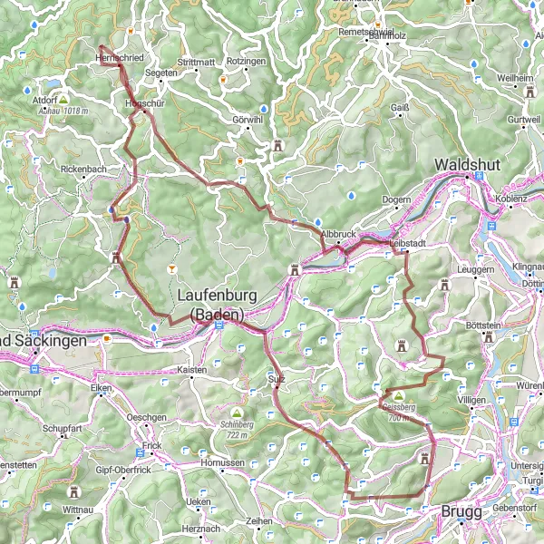 Miniatura della mappa di ispirazione al ciclismo "Tour in Gravel tra Bözbergpass e Riniken" nella regione di Nordwestschweiz, Switzerland. Generata da Tarmacs.app, pianificatore di rotte ciclistiche
