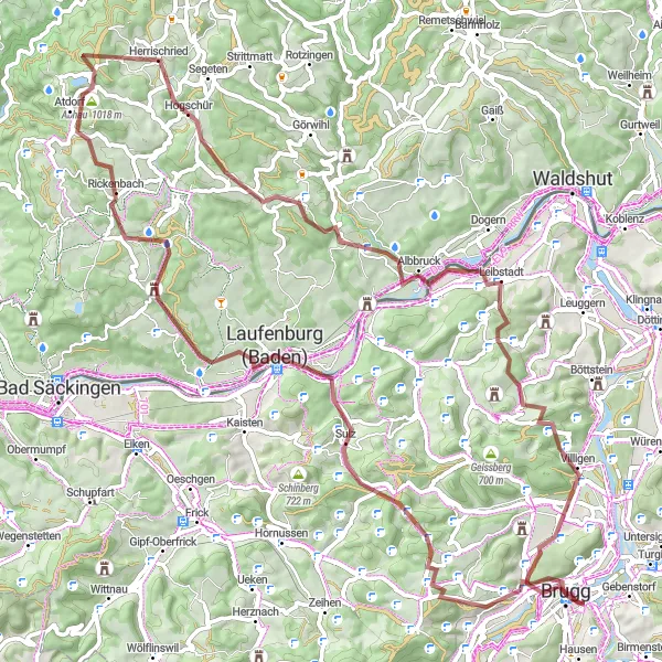 Karten-Miniaturansicht der Radinspiration "Graveltour über Bözbergpass und Laufenburg" in Nordwestschweiz, Switzerland. Erstellt vom Tarmacs.app-Routenplaner für Radtouren