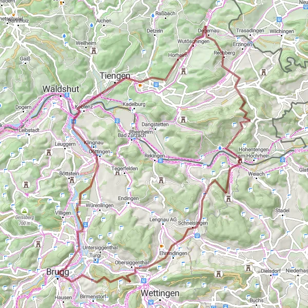 Miniature de la carte de l'inspiration cycliste "Tour de Vélo Gravel Bruggerberg - Brugg" dans la Nordwestschweiz, Switzerland. Générée par le planificateur d'itinéraire cycliste Tarmacs.app