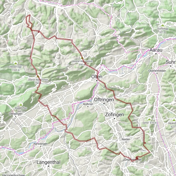 Miniatuurkaart van de fietsinspiratie "Uitdagende graveltocht: Langnau bei Reiden, Hard en Waldenburg" in Nordwestschweiz, Switzerland. Gemaakt door de Tarmacs.app fietsrouteplanner