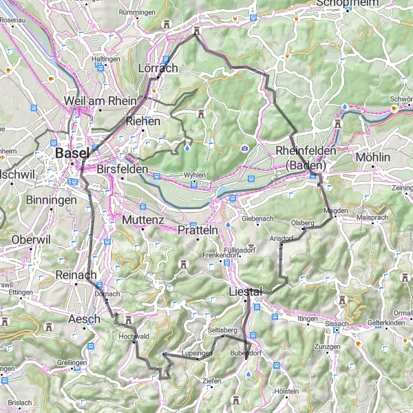 Map miniature of "Road Cycling Loop through Bürenflue and Rheinfelden" cycling inspiration in Nordwestschweiz, Switzerland. Generated by Tarmacs.app cycling route planner