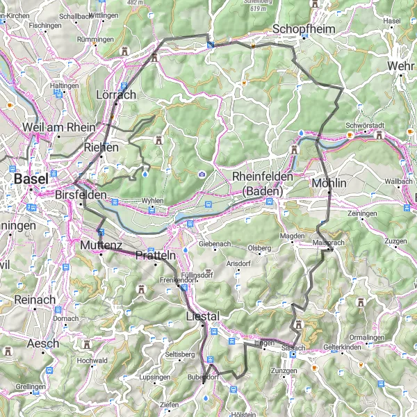 Mapa miniatúra "Z Liestalu na Spitzenberg" cyklistická inšpirácia v Nordwestschweiz, Switzerland. Vygenerované cyklistickým plánovačom trás Tarmacs.app