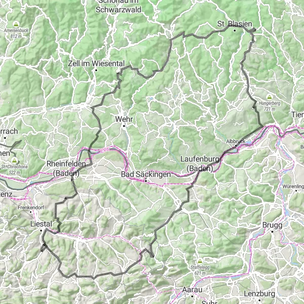 Miniatua del mapa de inspiración ciclista "Gran circuito de ciclismo de Lausen a Bennwil" en Nordwestschweiz, Switzerland. Generado por Tarmacs.app planificador de rutas ciclistas