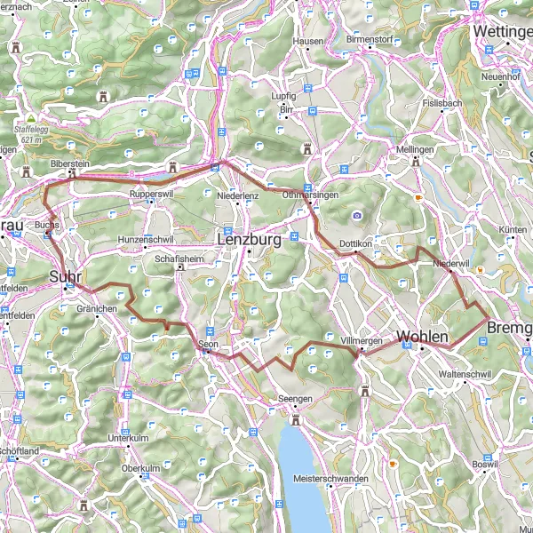 Miniature de la carte de l'inspiration cycliste "Circuit à vélo gravel autour de Buchs" dans la Nordwestschweiz, Switzerland. Générée par le planificateur d'itinéraire cycliste Tarmacs.app